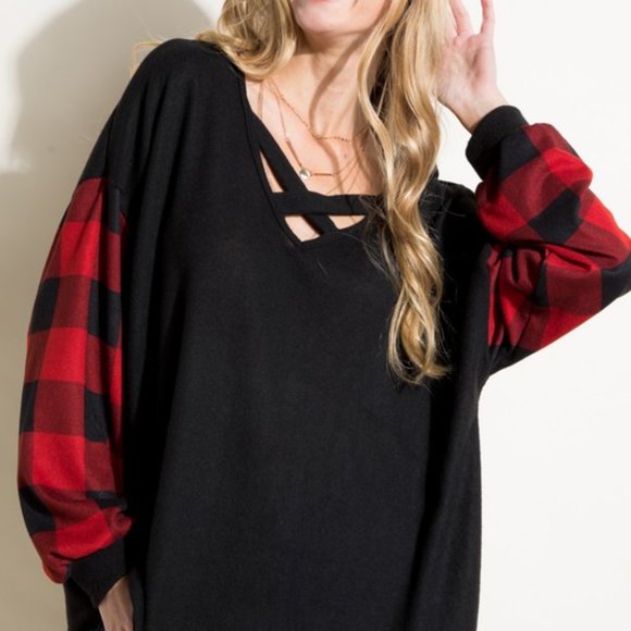 Buffalo Plaid Sleeve Criss Cross Tunic - Picture 1 of 7